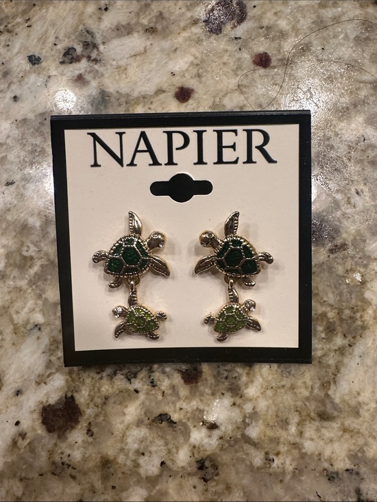 Napier Jewelry - Napier Gold Turtle Drop Earrings with Dark and Light Green Enamel